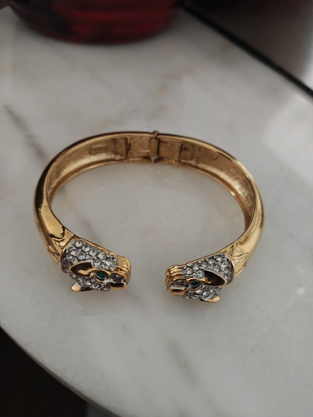 Gold Crystal Panther Head Hinged Bangle Bracelet